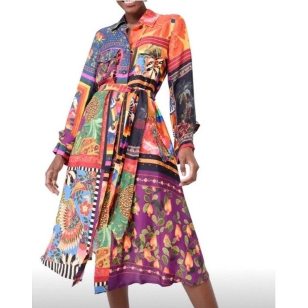 Farm Rio Multicolor Mixed Scarves Chemise Long Sleeve Midi Shirt Dress Size XS